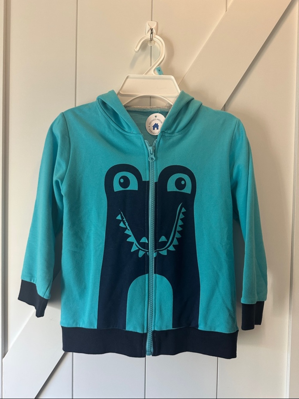 Blue Kids Hooded Zip Up Jacket with Playful Dinosaur Graphic